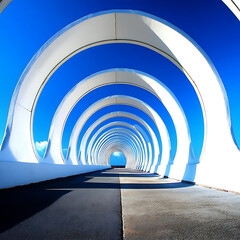 Obraz premium Perspective shot of a white arched walkway against a bright blue sky, leading to a distant horizon.