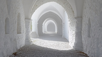 Naklejka premium A white, stone archway receding into mist, creating a surreal, textured corridor with light and shadow.