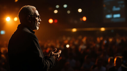 A cinematic a male 50 year old professor presenting on a stage generative ai, 56