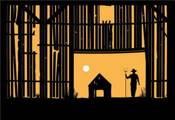 An old farmer is seen in the doorway of a run down old wooden barn. Another old barn is seen in the background in this 3-d illustration about the preservation of disappearing wooden barns in the USA. © Rob Goebel