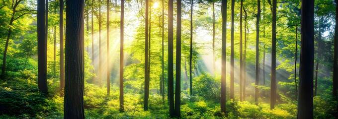 Obraz premium Beautiful green forest panorama with tall trees and sunlight filtering through the leaves