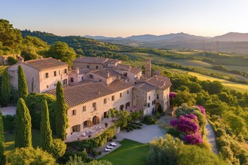 Sunset view of a rustic villa nestled in green hills of Tuscany with blooming flowers in the foreground