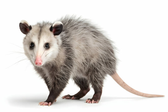 North american opossum full body side view on a white background displaying its furry coat pink nose, and long tail in a studio style wildlife portrait