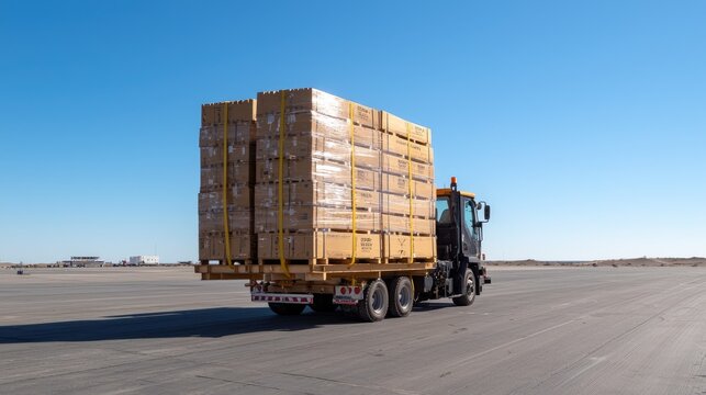 Cargo truck transporting boxes on desert tarmac