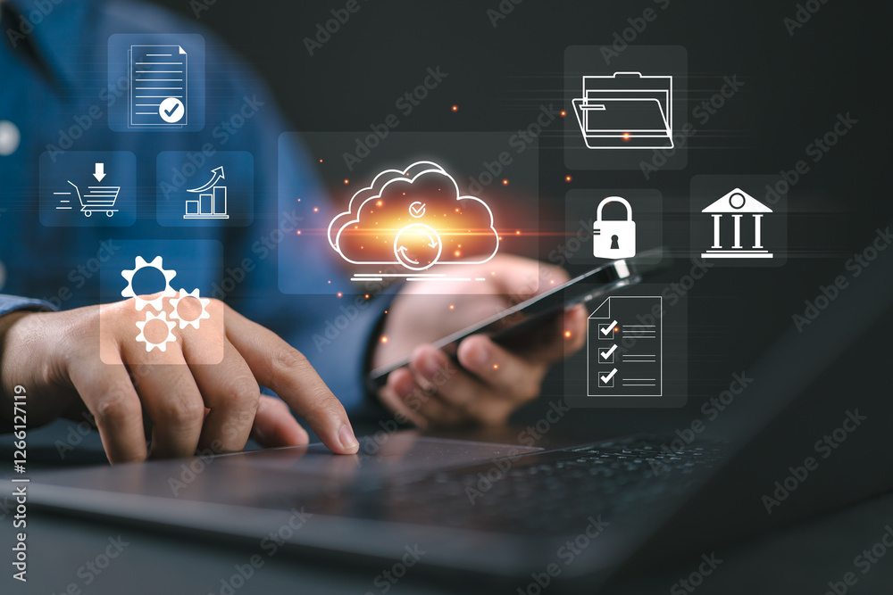 Aufkleber Businessman migrates file system, network and internet, storage and data transfer with cloud technology. connection and exchange of data documents, document management and folder privacy