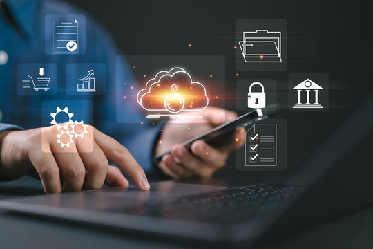 Businessman migrates file system, network and internet, storage and data transfer with cloud technology. connection and exchange of data documents, document management and folder privacy