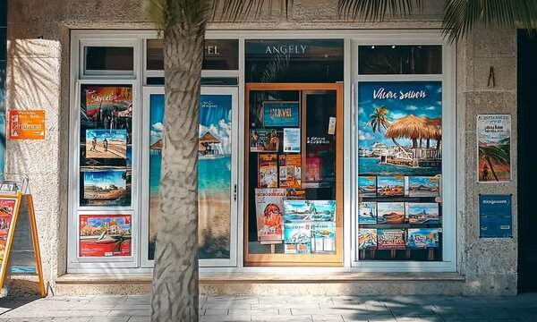 Travel agency storefront displaying vibrant vacation posters and brochures in a sunny coastal location
