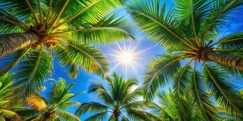 Fototapeta premium Tropical Palm Tree Branches Upward View, Bright Sun Rays, Blue Sky Background - Stock Photo