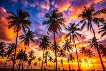 Obraz premium Tropical Paradise: Silhouetted Palm Trees at Sunset - Stock Photo
