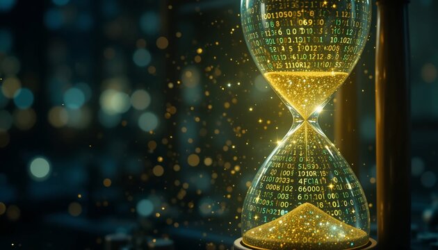 Golden Hourglass with Binary Code Time Data and Technology Concept