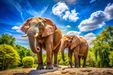 Fototapeta premium Two Elephants Enjoying a Sunny Day at the Zoo - Spacious Copy Space