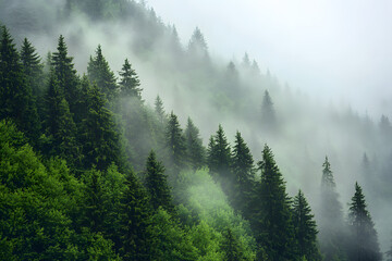 Beautiful green forest panorama with tall trees and sunlight filtering through the leaves
