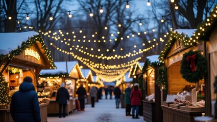 Festive winter market scene with illuminated stalls and shoppers