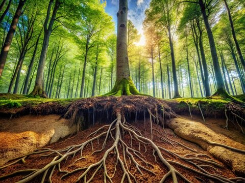 Underground Tree Root System Diagram: Soil Section Revealing Extensive Forest Network
