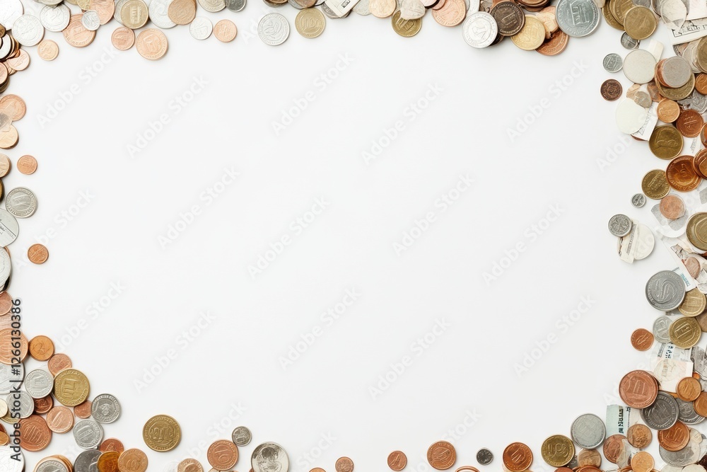 Aufkleber Various coins and banknotes arranged in a frame on a white surface creating a unique display for financial themes. Generative AI