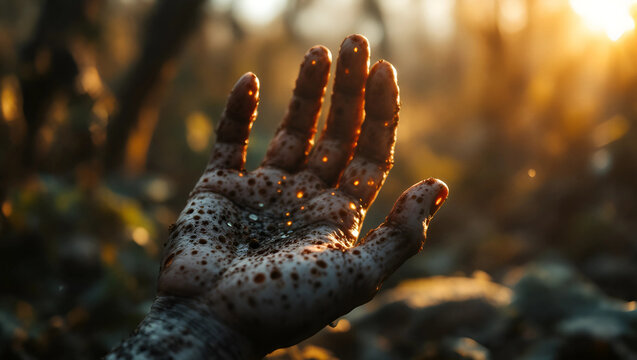 Photograph of zombie hand with many small holes deformed fingers fungal infection trypophobia generative ai , 544