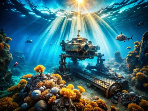 Underwater Robot Exploring Sunken Shipwreck - High-Resolution Stock Photo