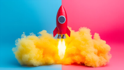 Red rocket launching against vibrant colorful background with clouds