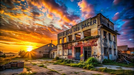 Obraz premium Urban Dawn: Sun Rising Over Cityscape - Abandoned Building Exploration