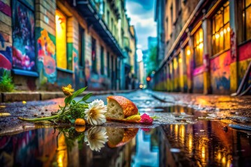 Obraz premium Urban Decay: Graffiti Reflections in Puddles - Abandoned Street Food Photography