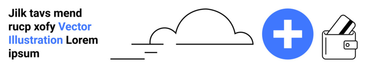 Blue plus sign linked to a wallet icon, floating cloud in the background with random text on the left. Ideal for finance, digital wallets, cloud computing, online services, fintech applications, data