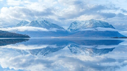 Fototapeta premium Mountain and clouds reflect in the still waters of a remote lake, peaceful scenic
