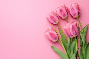 Fototapeta premium pink tulips on a pastel pink background, a flat lay top view