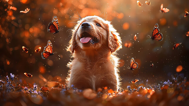 Golden retriever puppy surrounded by magical butterflies in a sundrenched autumnal scene.  A heartwarming image, perfect for pet, nature, and seasonal themes.