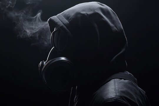 The girl, wearing a military gas mask, is isolated on a black background. The mask is designed to protect against harmful toxic substances, aerosols, and viruses. The image leaves room for text and