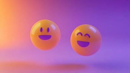 Vibrant 3d illustration of two floating orange emoji balls on colorful gradient background for april fool's day celebration concept