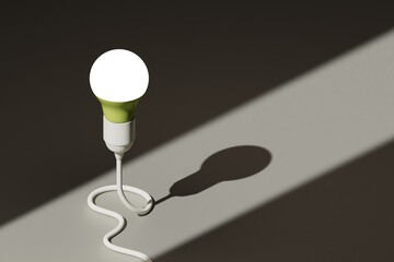 Glowing Led light bulb with white cable on contrast-lit background. 3d illustration, render. Copy space