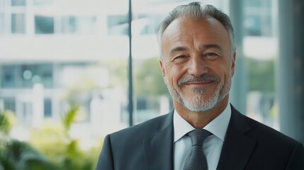 Naklejka premium Smiling businessman office portrait, city view (3)