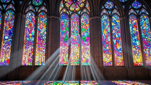 Vibrant light streams through stained glass windows in a historic cathedral during afternoon hours