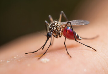 Naklejka premium Close-up of a mosquito biting human skin, filled with blood