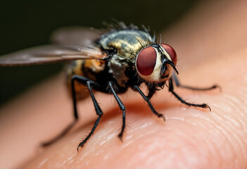 Naklejka premium Housefly resting on human skin in extreme close-up