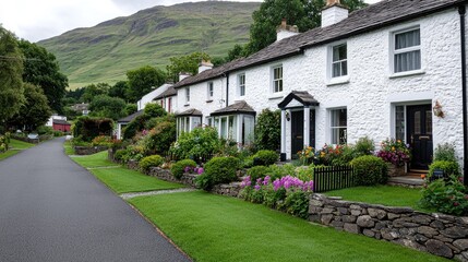 Obraz premium Picturesque village street, cottages, mountain backdrop, idyllic setting, travel