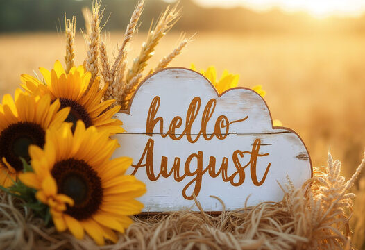 Rustic wooden sign with 'Hello August' surrounded by sunflowers and wheat in a summer field