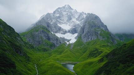 Fototapeta premium Majestic snow-capped Alps, green valley, serene lake, misty sky; travel brochure