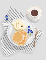 Brunch with pancakes, pear and berries. Coffee on the table. Vector illustration.