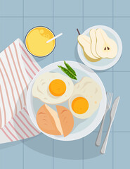 Serving breakfast with eggs, fresh fruit and pears. Vector illustration.