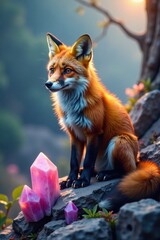 Fototapeta premium A fox sitting on top of a crystal formation, forest, natural forms, mystical energy