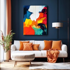 Vibrant abstract artwork decorates modern living room with bright colors and stylish furniture