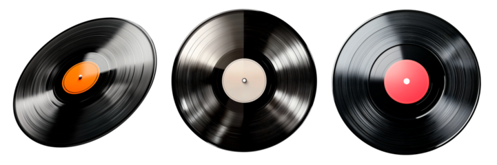 Set of vintage vinyl records isolated on a transparent background. Includes black discs with colorful labels in orange, white, and red, showcasing retro aesthetics.