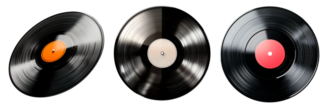 Set of vintage vinyl records isolated on a transparent background. Includes black discs with colorful labels in orange, white, and red, showcasing retro aesthetics.