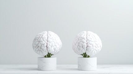 Two brains growing from pots on a table.  Mind growth concept