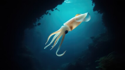 Fototapeta premium view of a squid in the dark sea