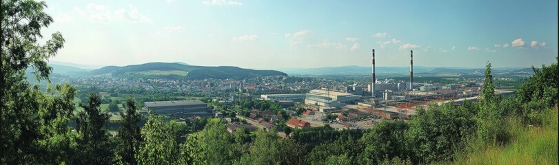 Naklejka premium In a landscape of trees and open fields, a nuclear power plant stands out prominently against an azure sky