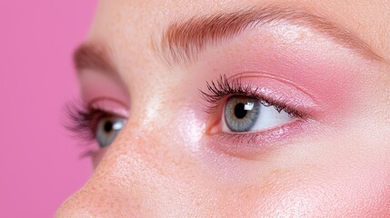 Obraz premium Close-up of woman's eye makeup, pink background