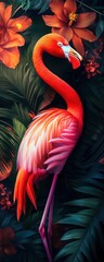 Naklejka premium Flamingo Amidst Lush Tropical Flowers and Foliage