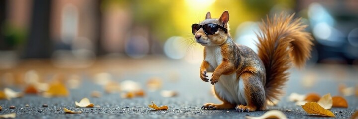 A squirrel wearing sunglasses on the street, street, outdoor, city